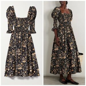 DOEN Sz S Bijou Dress Navy Oak Bluffs Floral Long Sleeve Smocked